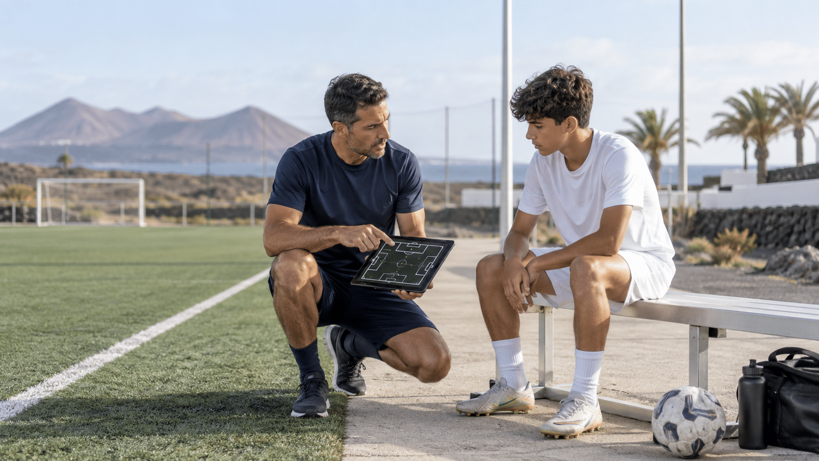 Entrenador orientando a un futbolista en un campo de fútbol