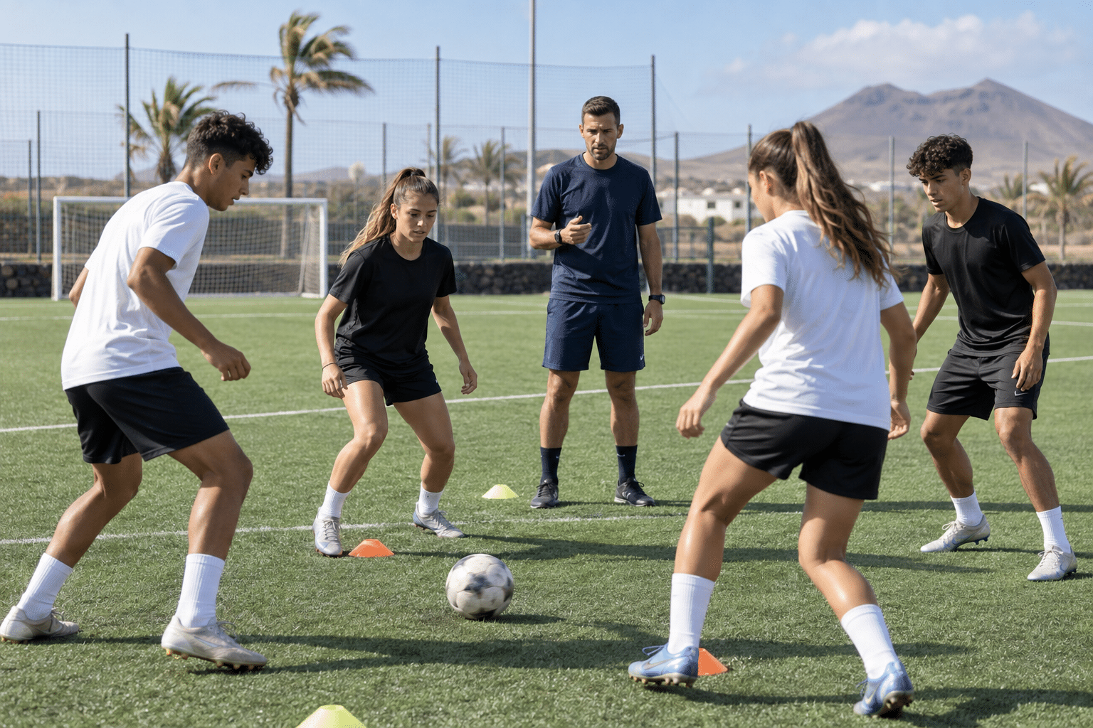 Grupo de jóvenes futbolistas entrenando en un campus de fútbol